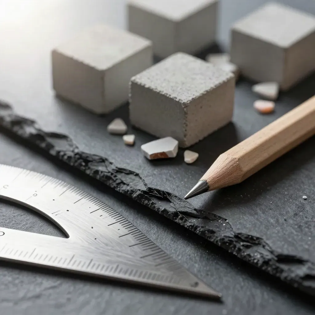 Squadre metalliche, campioni di cemento e matita su pietra scura in macro diagonale.