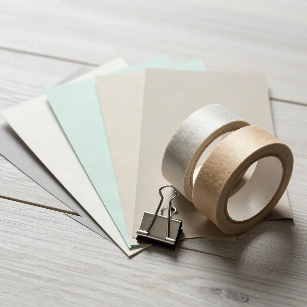 Cartoncini neutri, clip metalliche e nastro carta su legno chiaro, vista dall’alto.