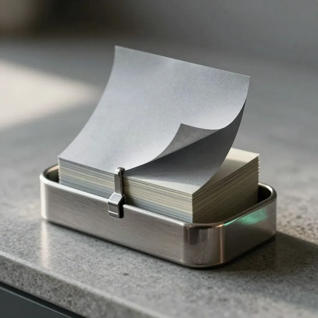 Blocco di post-it grigi con dispenser metallico e clip su pietra liscia, in macro diagonale