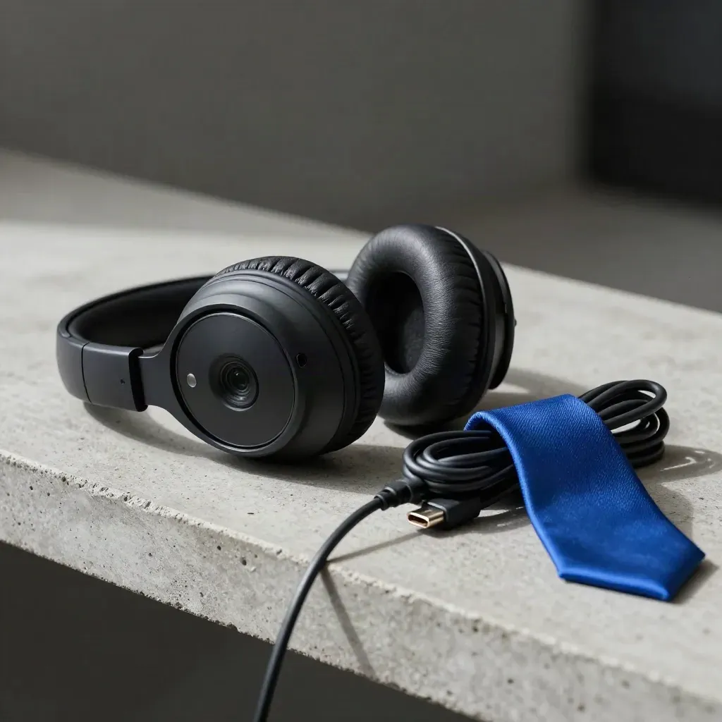 Cuffia, webcam spenta e cavo USB-C in un kit per il lavoro da remoto, su piano concreto.