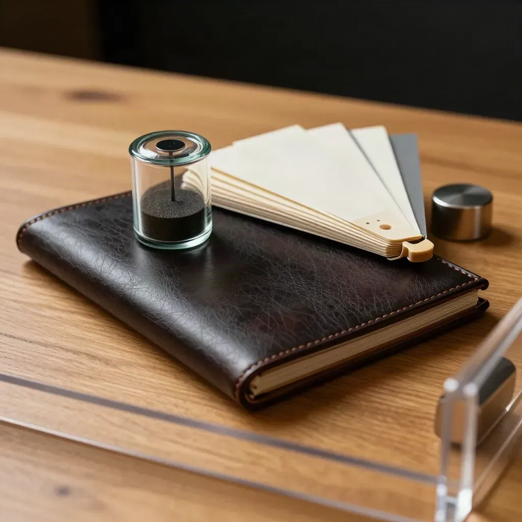 Cartella in pelle, timer da sessione, carte workshop e fermacarte su legno caldo, luce radente.