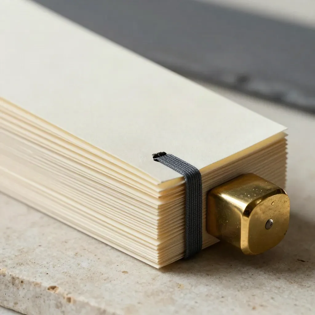 Carte avorio, elastico piatto e fermacarte in ottone su pietra chiara, luce radente e sfondo scuro