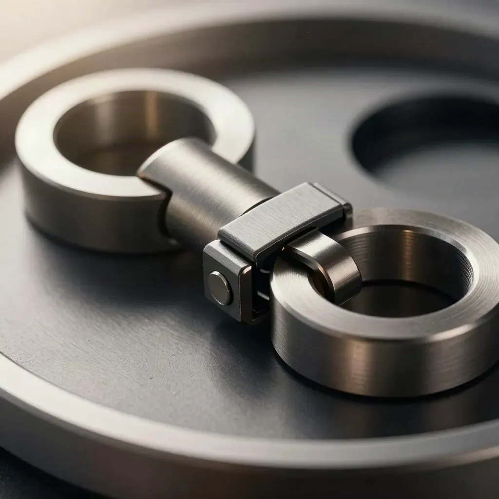Anelli metallici, fibbia a scatto e connettore su acciaio spazzolato in diagonale.