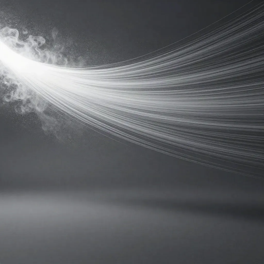 Filamenti di luce argentata in un vuoto grafite, con bagliore morbido e particelle sospese.